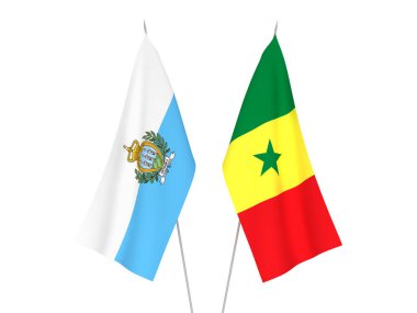 National fabric flags of Republic of Senegal and San Marino isolated on white background. 3d rendering illustration.