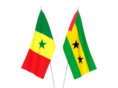 National fabric flags of Republic of Senegal and Saint Thomas and Prince isolated on white background. 3d rendering illustration.