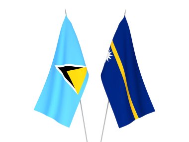 National fabric flags of Saint Lucia and Republic of Nauru isolated on white background. 3d rendering illustration.