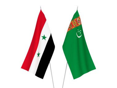 National fabric flags of Turkmenistan and Syria isolated on white background. 3d rendering illustration.