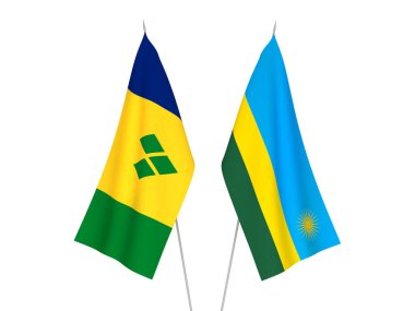 National fabric flags of Saint Vincent and the Grenadines and Republic of Rwanda isolated on white background. 3d rendering illustration.