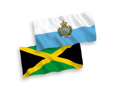 National vector fabric wave flags of San Marino and Jamaica isolated on white background. 1 to 2 proportion.