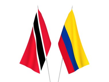 National fabric flags of Colombia and Republic of Trinidad and Tobago isolated on white background. 3d rendering illustration.