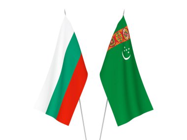 National fabric flags of Bulgaria and Turkmenistan isolated on white background. 3d rendering illustration.