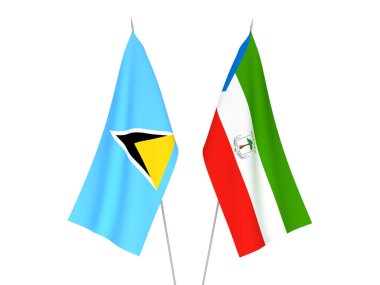 National fabric flags of Saint Lucia and Republic of Equatorial Guinea isolated on white background. 3d rendering illustration.