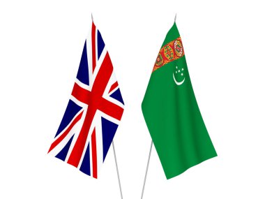 Beyaz arka planda Büyük Britanya ve Türkmenistan 'ın ulusal kumaş bayrakları izole edildi. 3d resimleme.