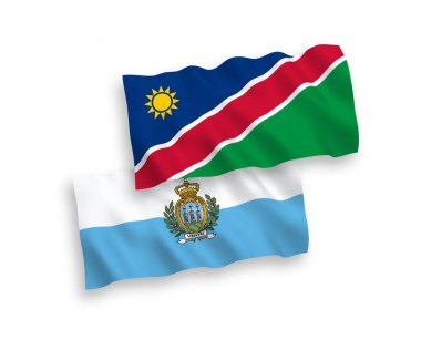 National vector fabric wave flags of San Marino and Republic of Namibia isolated on white background. 1 to 2 proportion.