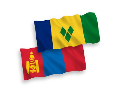 National vector fabric wave flags of Saint Vincent and the Grenadines and Mongolia isolated on white background. 1 to 2 proportion.