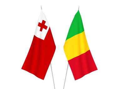 National fabric flags of Mali and Kingdom of Tonga isolated on white background. 3d rendering illustration.