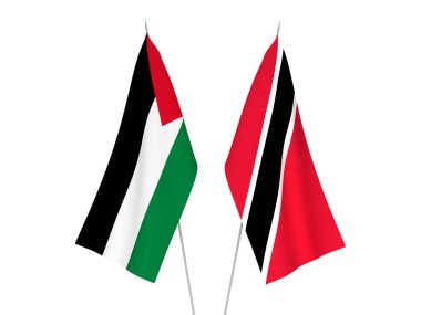 National fabric flags of Palestine and Republic of Trinidad and Tobago isolated on white background. 3d rendering illustration.
