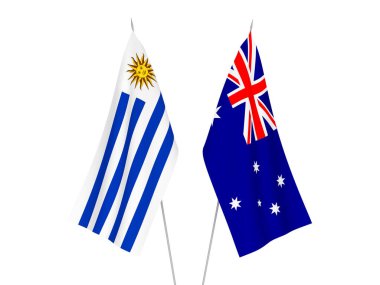 National fabric flags of Australia and Oriental Republic of Uruguay isolated on white background. 3d rendering illustration.