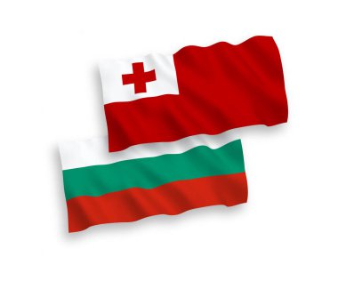 National vector fabric wave flags of Bulgaria and Kingdom of Tonga isolated on white background. 1 to 2 proportion.