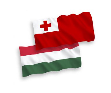National vector fabric wave flags of Kingdom of Tonga and Hungary isolated on white background. 1 to 2 proportion.