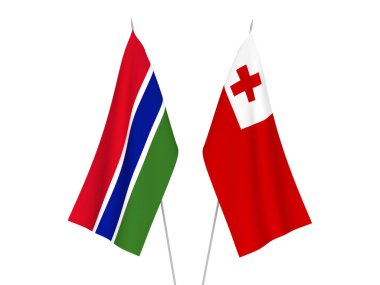 National fabric flags of Republic of Gambia and Kingdom of Tonga isolated on white background. 3d rendering illustration.