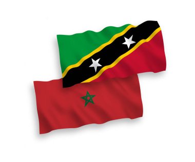 Beyaz arka planda Saint Christopher, Nevis ve Fas Federasyonu 'nun ulusal taşıyıcı kumaş bayrakları var. 1 'e 2 oranında.