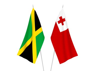 National fabric flags of Jamaica and Kingdom of Tonga isolated on white background. 3d rendering illustration.