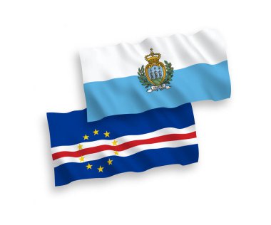 National vector fabric wave flags of San Marino and Republic of Cabo Verde isolated on white background. 1 to 2 proportion.