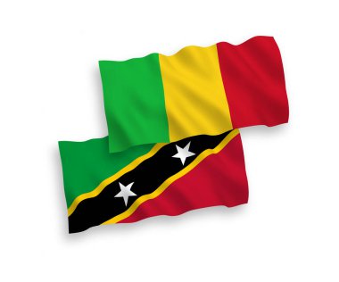 National vector fabric wave flags of Federation of Saint Christopher and Nevis and Mali isolated on white background. 1 to 2 proportion.