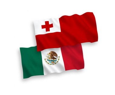 National vector fabric wave flags of Mexico and Kingdom of Tonga isolated on white background. 1 to 2 proportion.