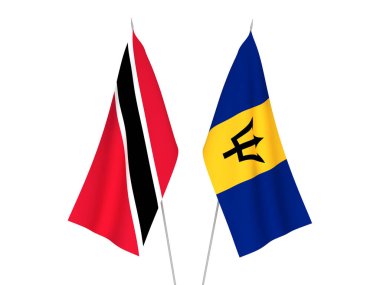 National fabric flags of Barbados and Republic of Trinidad and Tobago isolated on white background. 3d rendering illustration.