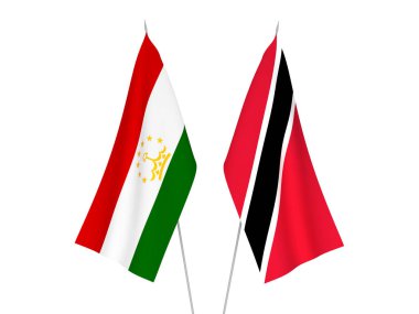 National fabric flags of Tajikistan and Republic of Trinidad and Tobago isolated on white background. 3d rendering illustration.