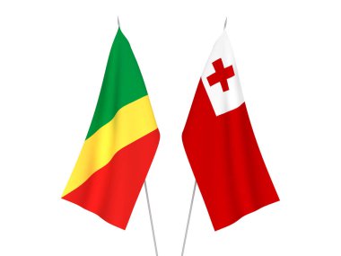 National fabric flags of Kingdom of Tonga and Republic of the Congo isolated on white background. 3d rendering illustration.
