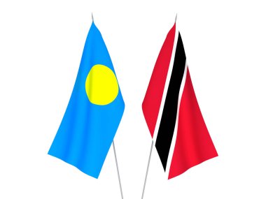 National fabric flags of Palau and Republic of Trinidad and Tobago isolated on white background. 3d rendering illustration.