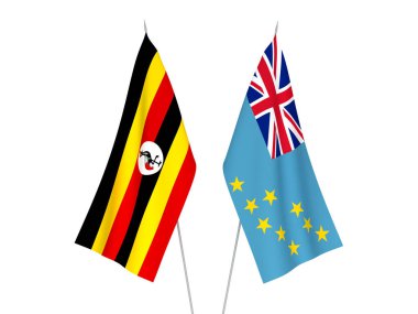 National fabric flags of Uganda and Tuvalu isolated on white background. 3d rendering illustration.