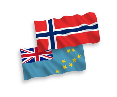 National vector fabric wave flags of Norway and Tuvalu isolated on white background. 1 to 2 proportion.
