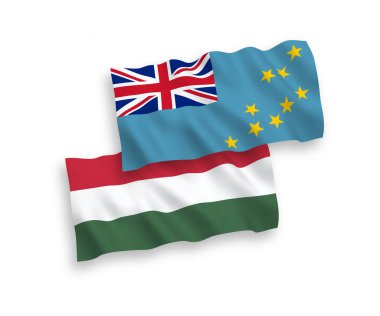 National vector fabric wave flags of Tuvalu and Hungary isolated on white background. 1 to 2 proportion.