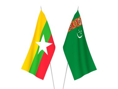 National fabric flags of Myanmar and Turkmenistan isolated on white background. 3d rendering illustration.