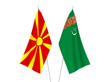 National fabric flags of North Macedonia and Turkmenistan isolated on white background. 3d rendering illustration.