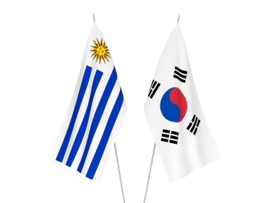 National fabric flags of South Korea and Oriental Republic of Uruguay isolated on white background. 3d rendering illustration.