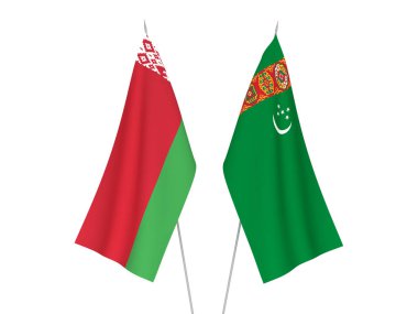 National fabric flags of Belarus and Turkmenistan isolated on white background. 3d rendering illustration.
