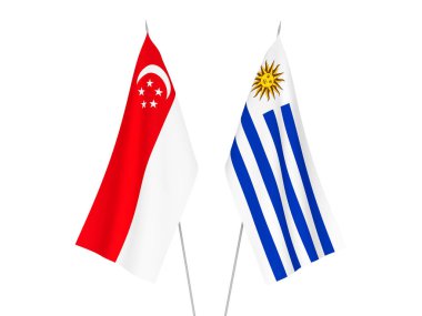 National fabric flags of Oriental Republic of Uruguay and Singapore isolated on white background. 3d rendering illustration.