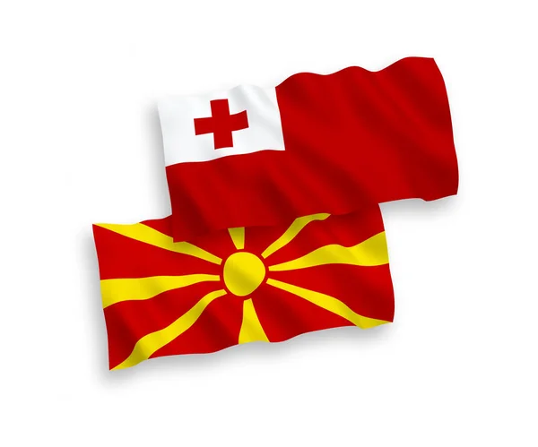 Bandeiras Onda Tecido Vetorial Nacional Reino Tonga Macedônia Norte Isoladas — Vetor de Stock