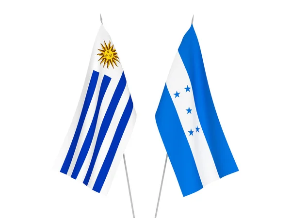 Nationell Tyg Flaggor Honduras Och Orientaliska Republiken Uruguay Isolerad Vit — Stockfoto