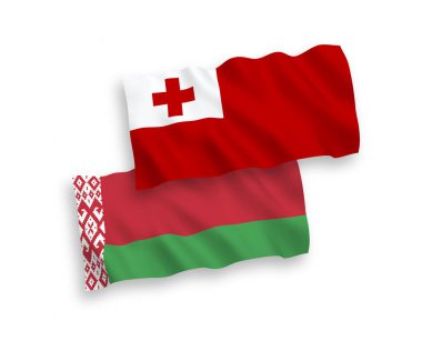 Beyaz arka planda, Tonga Krallığı ve Belarus 'un ulusal taşıyıcı kumaş bayrakları izole edildi. 1 'e 2 oranında.