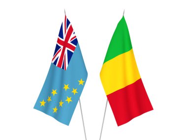 Beyaz arka planda Mali ve Tuvalu 'nun ulusal kumaş bayrakları izole edildi. 3d resimleme.