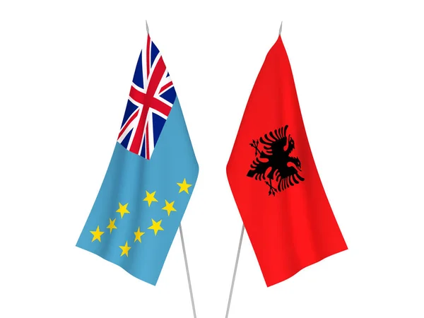 Nationell Tyg Flaggor Republiken Albanien Och Tuvalu Isolerad Vit Bakgrund — Stockfoto