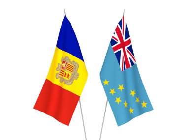 Beyaz arka planda Andorra ve Tuvalu 'nun ulusal kumaş bayrakları izole edildi. 3d resimleme.