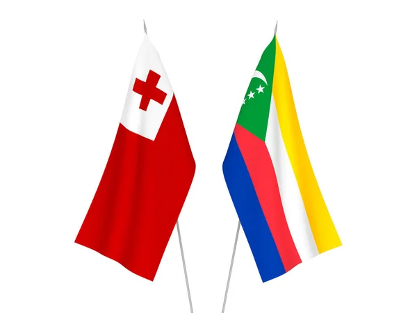 Bandeiras Tecido Nacional Reino Tonga União Das Comores Isoladas Sobre — Fotografia de Stock