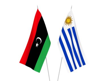 Libya 'nın ulusal kumaş bayrakları ve Uruguay Doğu Cumhuriyeti beyaz arka planda izole edildi. 3d resimleme.