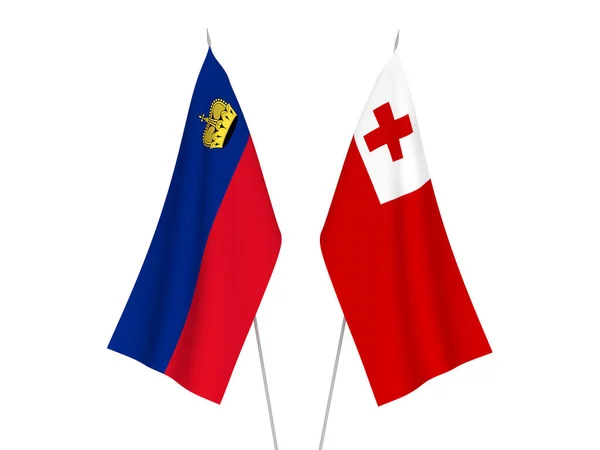 Krajowe Bandery Tkanin Królestwa Tonga Liechtensteinu Odizolowane Białym Tle Ilustracja — Zdjęcie stockowe