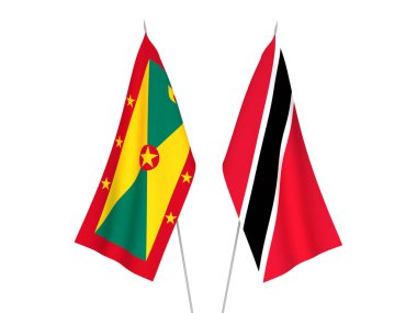 Beyaz arka planda Trinidad, Tobago ve Grenada 'nın ulusal kumaş bayrakları izole edildi. 3d resimleme.