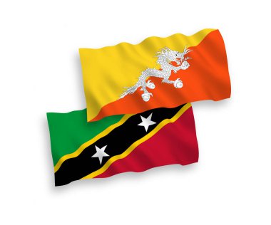 Beyaz arka planda Saint Christopher ve Nevis Federasyonu ve Butan Krallığı 'nın ulusal taşıyıcı kumaş bayrakları izole edildi. 1 'e 2 oranında.