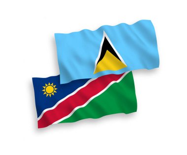 Beyaz arka planda Saint Lucia ve Namibya Cumhuriyeti 'nin ulusal taşıyıcı kumaş bayrakları izole edildi. 1 'e 2 oranında.