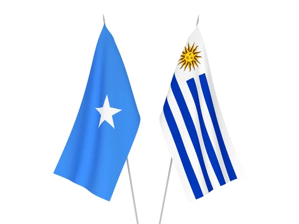Bandeiras Tecido Nacional Somália República Oriental Uruguai Isoladas Fundo Branco — Fotografia de Stock