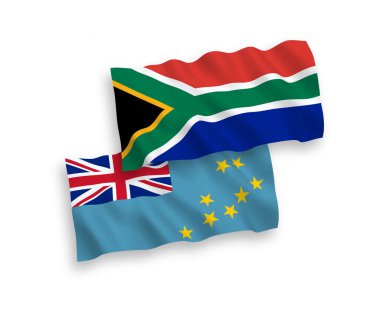 Tuvalu ve Güney Afrika Cumhuriyeti 'nin ulusal taşıyıcı kumaş bayrakları beyaz arka planda izole edildi. 1 'e 2 oranında.