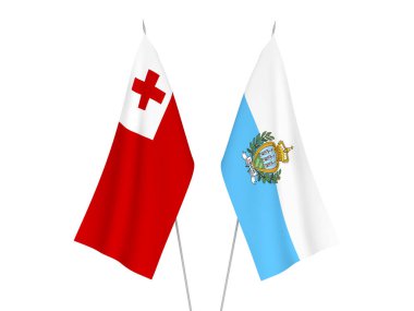 Beyaz arka planda, Tonga Krallığı ve San Marino 'nun ulusal kumaş bayrakları izole edildi. 3d resimleme.